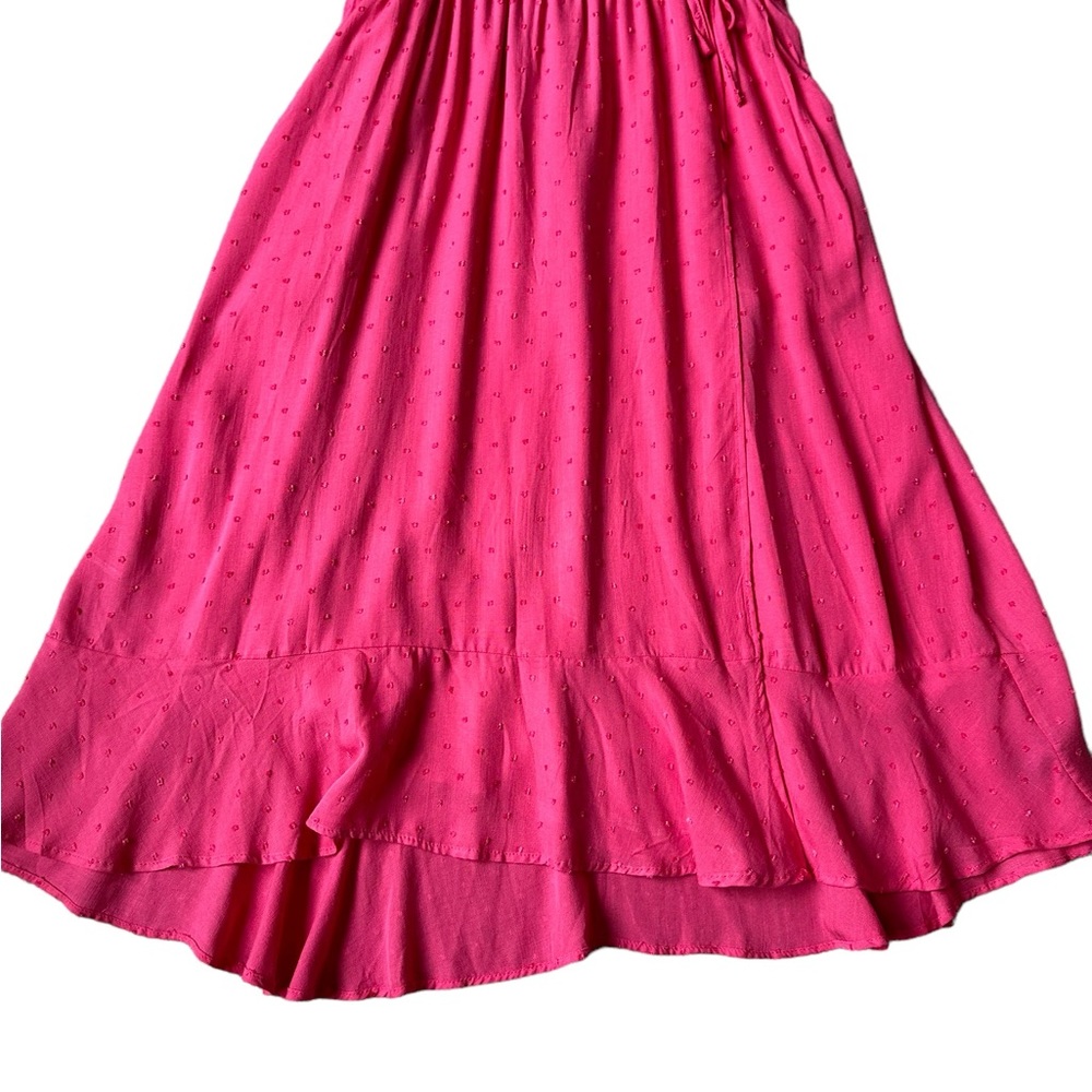 TORRID pink swiss dot faux wrap split skirt short sleeve midi dress sz 00(10/M) - Picture 6 of 11